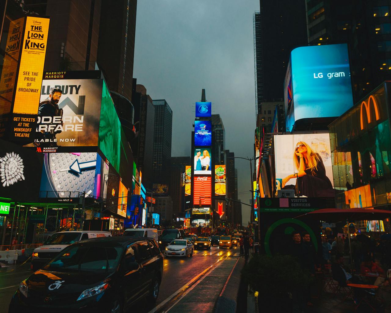 Bright lights and billboards in Times Square, capturing the bustling evening atmosphere.